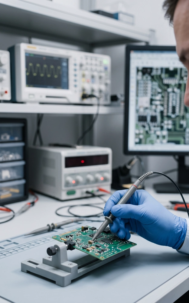 our design process an engineer working at a bench on a small green circuit board