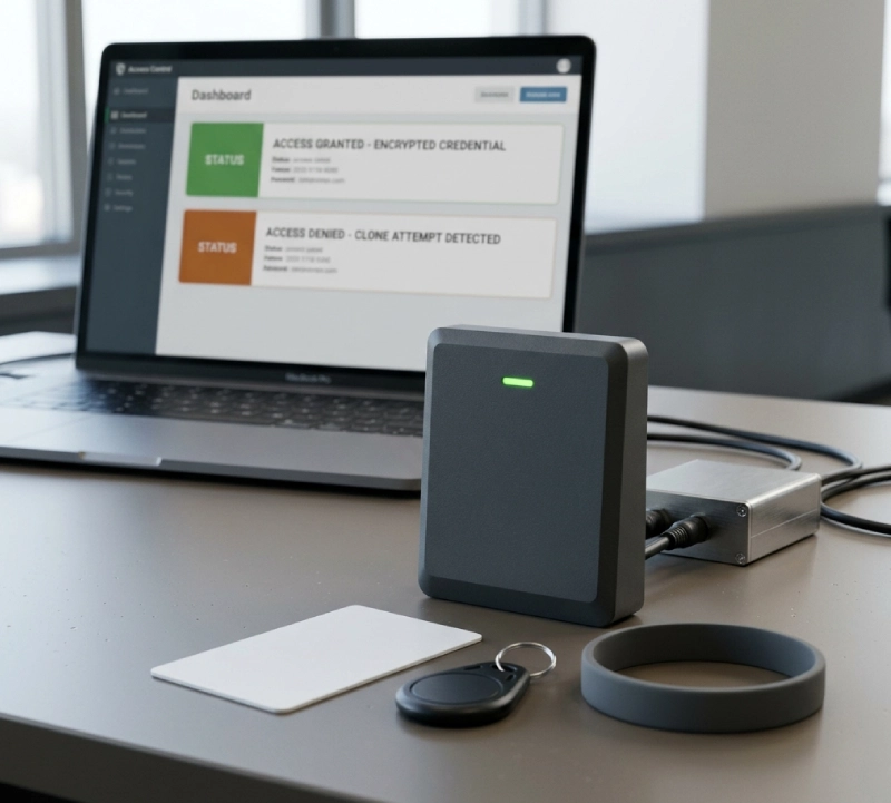 rfid-anti-clone A desktop RFID reader with access credentials on a desk, next to a laptop showing a secure access control dashboard.